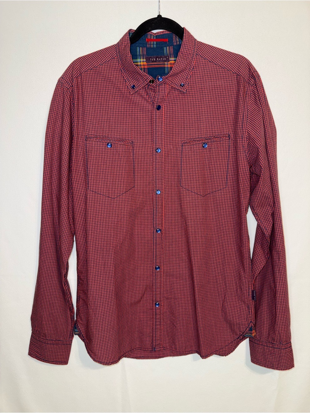 Ted Baker Men’s Red and Navy Micro-Check Button-Down Shirt Size Large